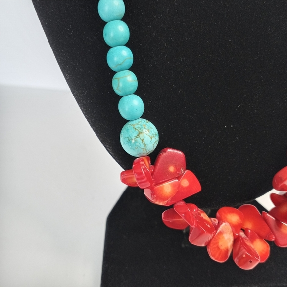 Set of 2 Womens Necklace Stone Bracelet, Turquoise Coral  Nautical Boho Red - Picture 5 of 6